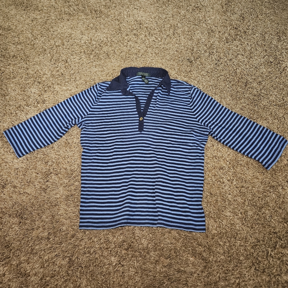 Lauren Ralph Lauren, Women's Top 3/4 Sleeve Size L Striped Print Nautical Button